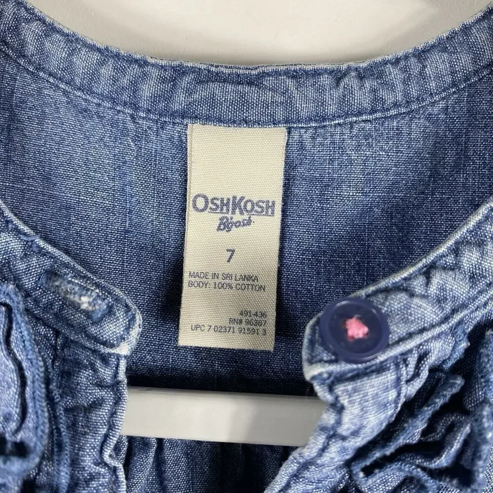 OshKosh B'Gosh Girls Size 7 Ruffle Detail Denim Dress Blue 100% Cotton